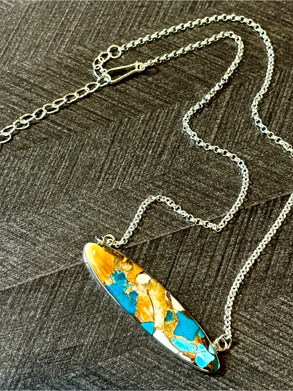 Santa Fe-Style Spiny Turquoise elongated Necklace 16” in Sterling Silver